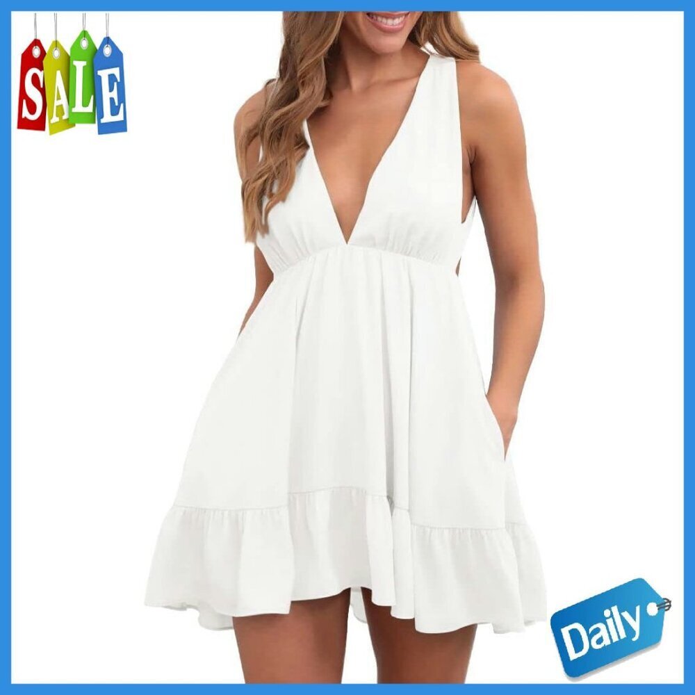 Summer Mini Dress with Pockets Ruffle Backless V-Neck Casual
